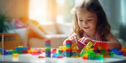 Young girl happily engaged in playing with bright, multicolored building blocks indoors.
