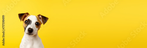 Portrait of a Jack Russell Terrier with a curious expression on a vivid yellow background.