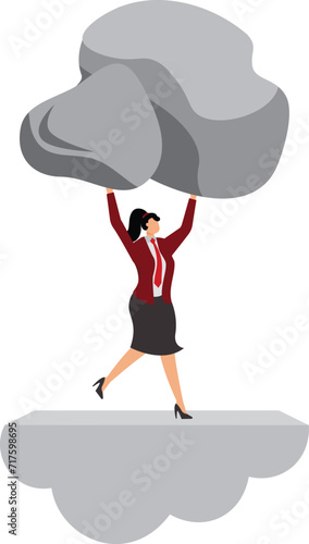 Rescue. Boulder Rock, Pushing, Picking Up, Conquering Adversity, Heavy, Businesswoman,
