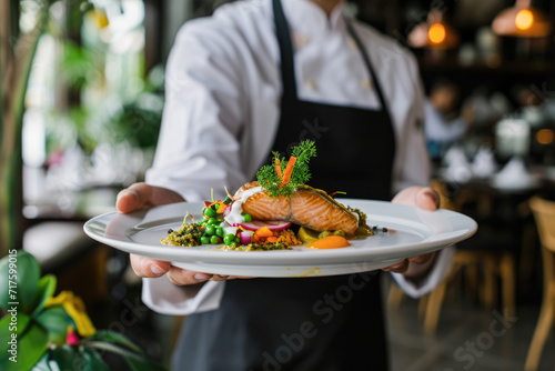 Waiter holding a plate of salmon fillet with vegetables and greens
