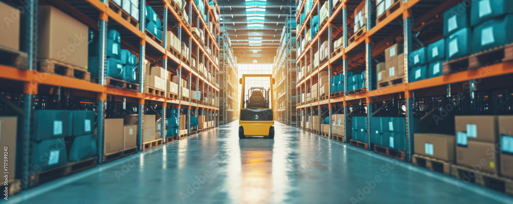 Forklift in warehouse. Cargo freight transportation and distribution warehouse. - obrazy, fototapety, plakaty 
