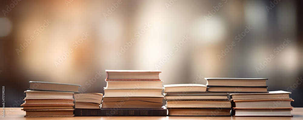 Row of stacked books on table with blur background. generative AI