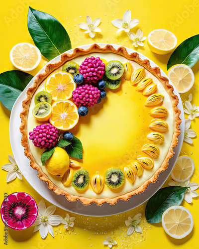 Vibrant Pop Art Fruit Tart Illustration with Lush Floral Decorations and Zesty Lemon Yellow Palette Gen AI photo
