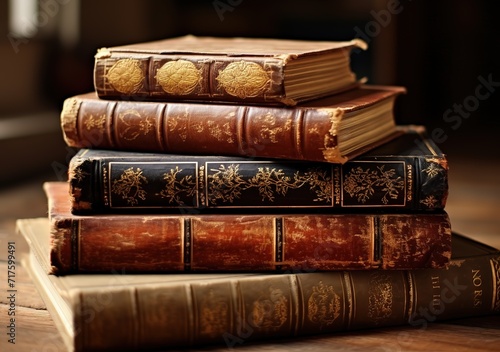 Stack of brown ancient books on blur background. generative AI