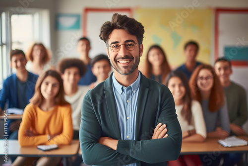 Smiling male teacher standing with crossed arms in front of a group of children in an elementary school classroom. The children surround the teacher with joyful and smiling faces.