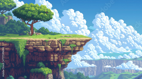 meadow hill terrain in blue sky in pixel art game style, pixel art game terrain, pixel art game background, landscape background in pixel art style