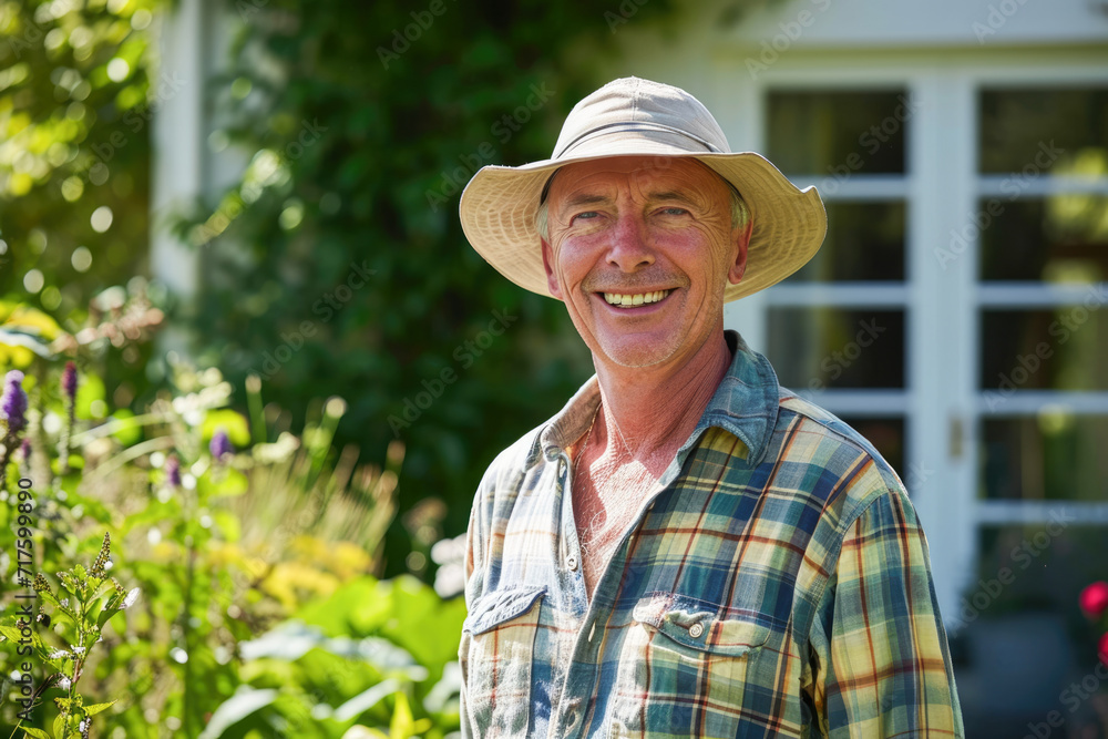 Portrait of smiling senior man standing in garden on a sunny day