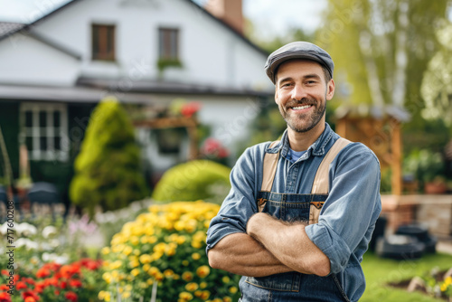 Portrait of a smiling male gardener standing with arms crossed in the garden photo
