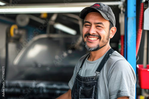 portrait of auto mechanic smiling and looking at camera in auto repair shop