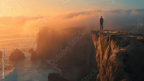 A lone figure contemplates the vast ocean from a cliff
