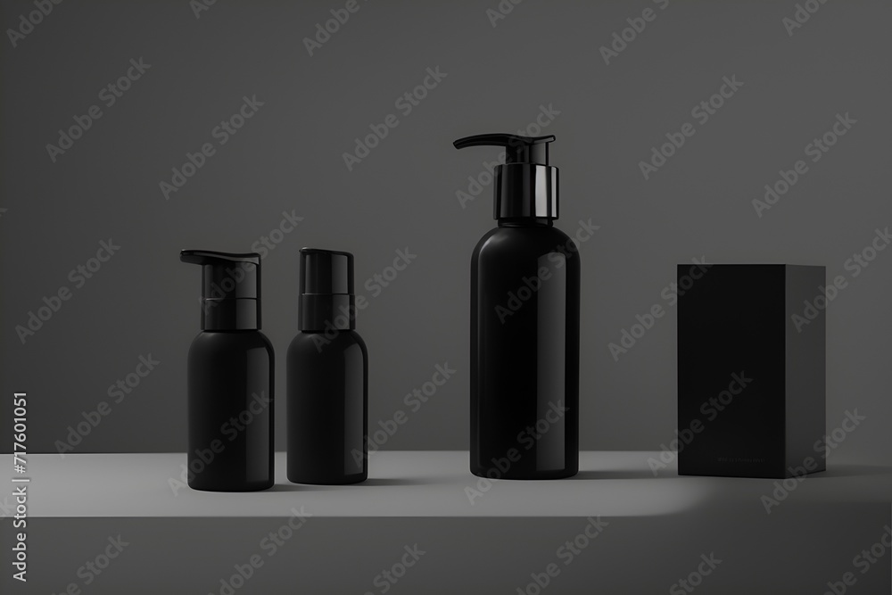 A set of isolated cosmetic bottles. Minimal Product Showcase, Simple dark background.Product photography concept A set of isolated cosmetic bottles. Minimal Product Showcase, Simple dark background.Product photography concept