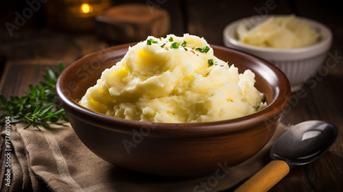 Bowl of tasty mashed potatoes and butter photo