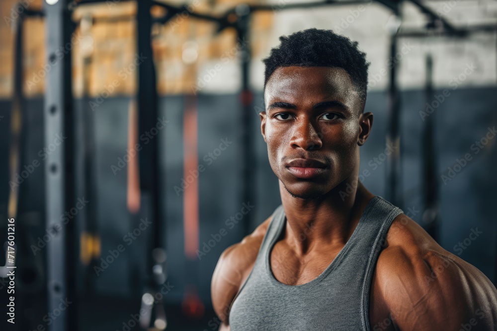 young african american sporty man looking at camera in gym