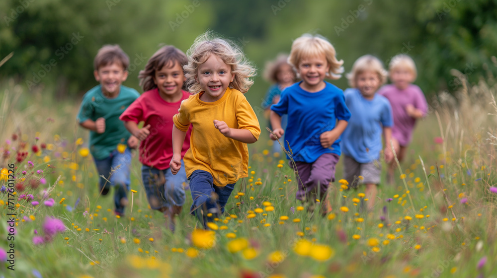 lachende fröhliche Kinder laufen über die Wiese lachende fröhliche Kinder laufen über die Wiese