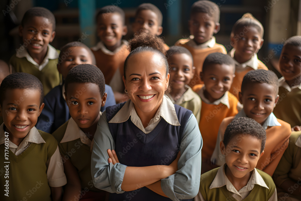 Smiling female teacher standing with crossed arms in front of a group of children in an elementary school classroom. The children surround the teacher with joyful and smiling faces.