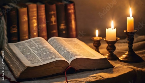 Bible in Candlelight: The Bible opened under the warm glow of candlelight