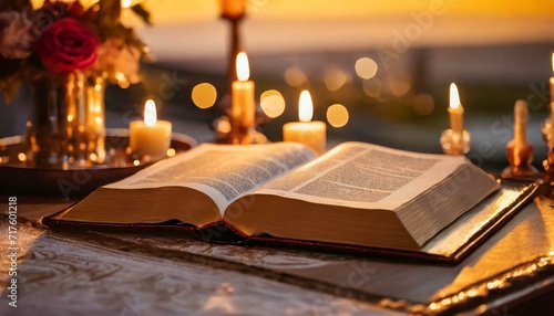 Bible in Candlelight: The Bible opened under the warm glow of candlelight