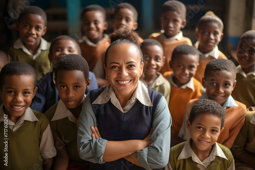 Smiling female teacher standing with crossed arms in front of a group of children in an elementary school classroom. The children surround the teacher with joyful and smiling faces.