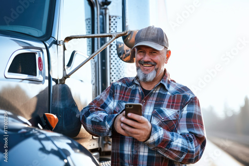 Smiling mature man using mobile phone while standing near his semi truck photo