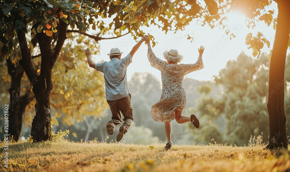 lebensfrohes Seniorenpaar springt und tanzt im Park - obrazy, fototapety, plakaty 