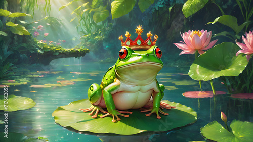 Frog Prince wearing a crown Frog in a green pond, surrounded by nature, water, and vibrant wildlife, with a cute tree frog perched on a leaf, showcasing its red eye in a close-up shot © pla2u