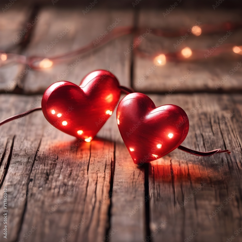 two red christmas lights with hearts on wooden background, valentines day concept, copy space