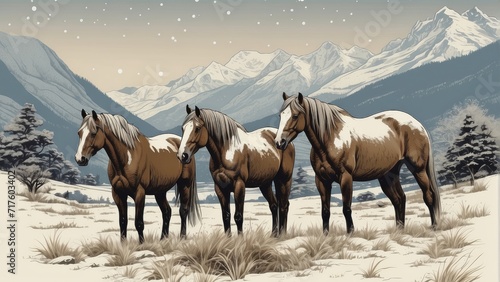 Horses in the snowy landscape with mountains in the background. Digital painting.