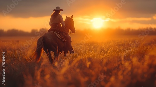 Lone cowboy riding horse at sunset through golden field. serene end of day on the ranch. captivating rural scene. AI © Irina Ukrainets