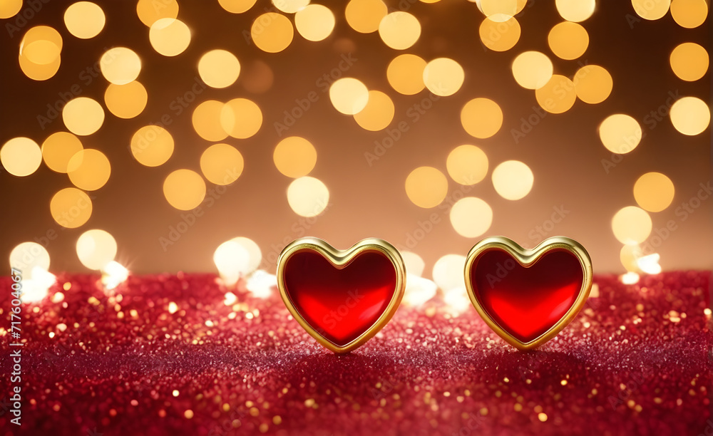 Two small gold heart on a sparkling red background, Valentine's Day, Christmas. Generative AI Two small gold heart on a sparkling red background, Valentine's Day, Christmas. Generative AI