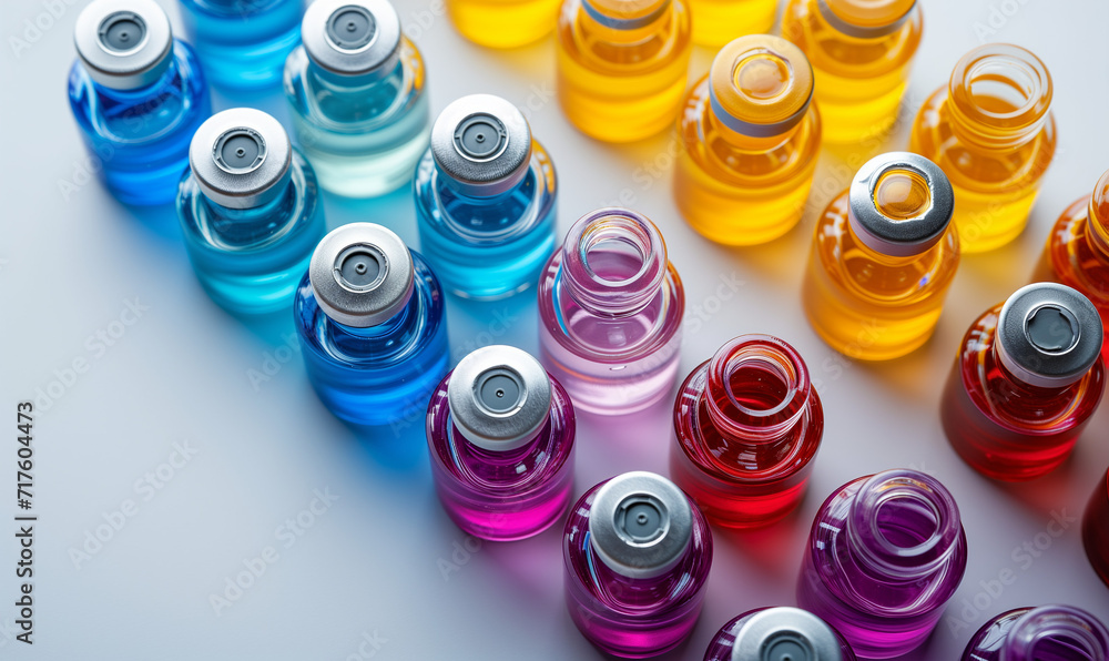 top view differently colored medical vials top view differently colored medical vials