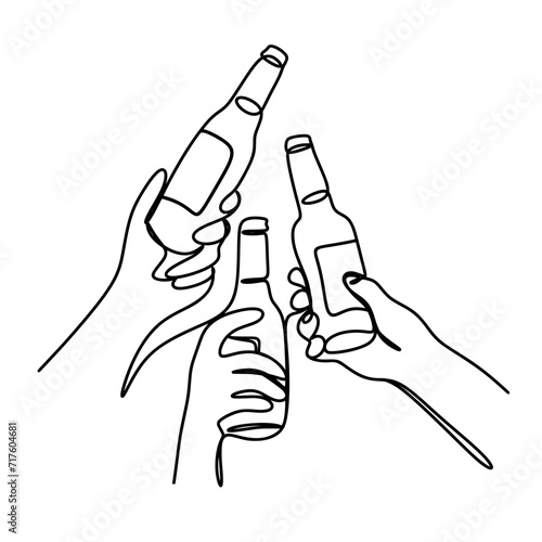 Hands holding beer bottles one line art