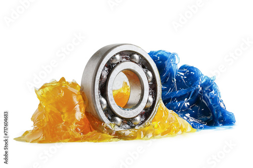 Grease and ball bearing isolated on white background with clipping path, lithium machinery lubrication for automotive and industrial.