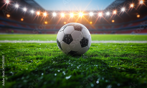 Soccer Ball in a Stadium with Lights. 