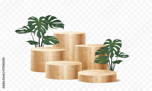 3D Vector wood podium presentation mock up, show cosmetic product display stage pedestal background design