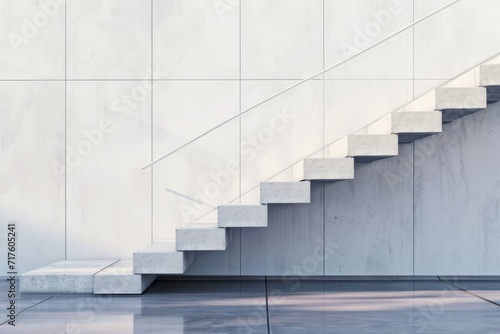 A modern  minimalist staircase with clean lines  a white wall  and a simple handrail