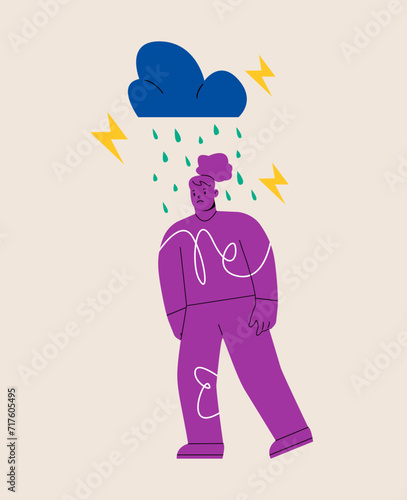 Sad woman thinking over problems. Crisis, burnout syndrome. Colorful vector illustration