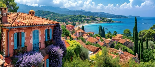 Idyllic coastal town overlooking a serene blue sea. mediterranean charm with bright skies. AI
