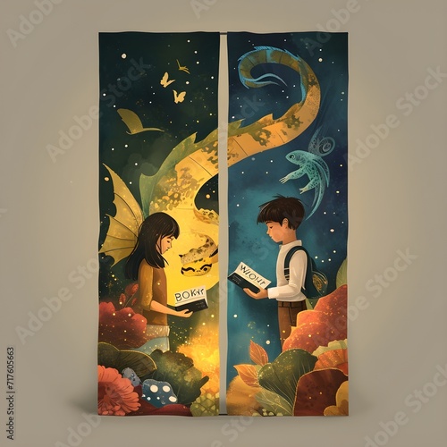 Whispers of Luminescent Dreams, a girl holding a book and a dragon in front of the space photo