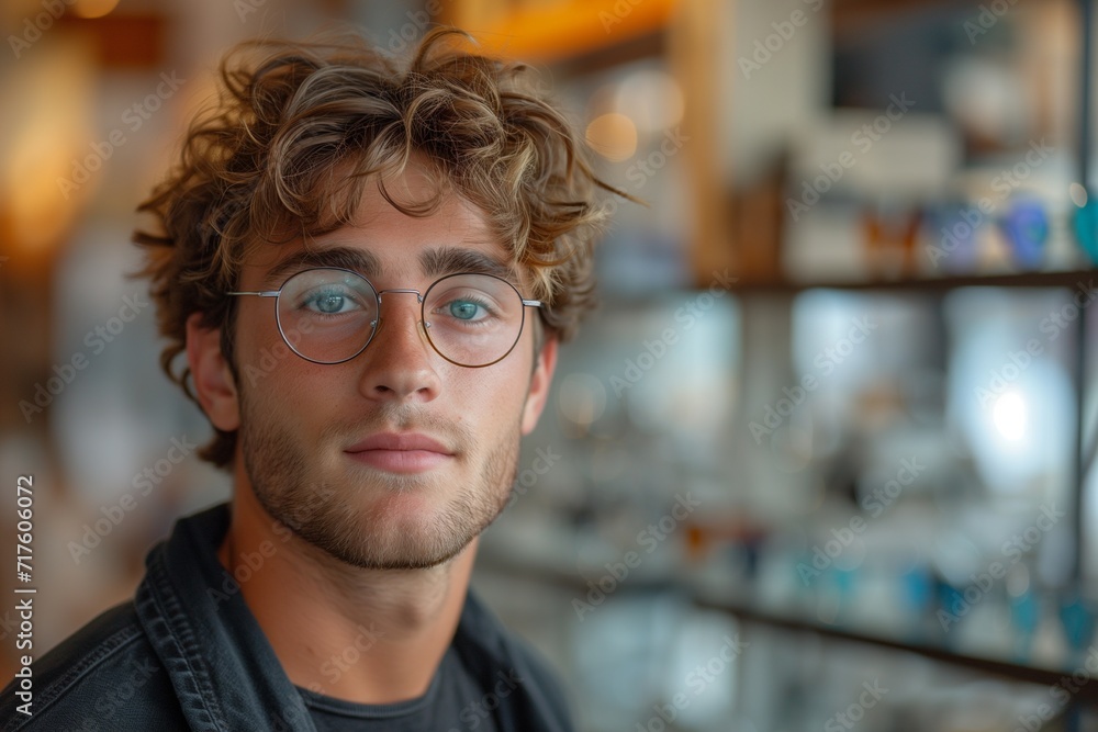 Wide-Angle Snapshot of a Young Man at the Eyeglass Store Wide-Angle Snapshot of a Young Man at the Eyeglass Store