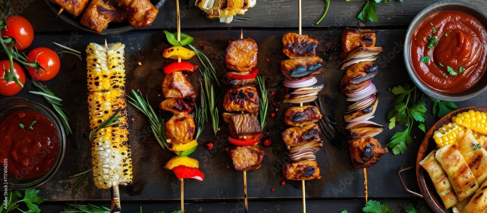 BBQ concept featuring skewered food with sauce and vegetables on a table top view.
