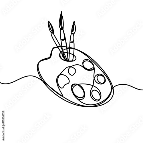 Brush and painting palette with paints one line drawing