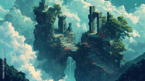 ancient ruins with trees above clouds in pixel art style, scenic pixel art background, scenery in pixel art game