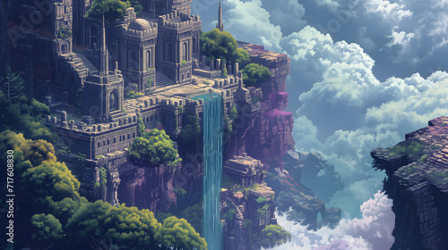 ancient ruins with waterfall and trees above clouds in pixel art style, scenic pixel art background, scenery in pixel art game