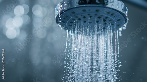 Close-up of shower head with clean water streaming out, drops and splashes.