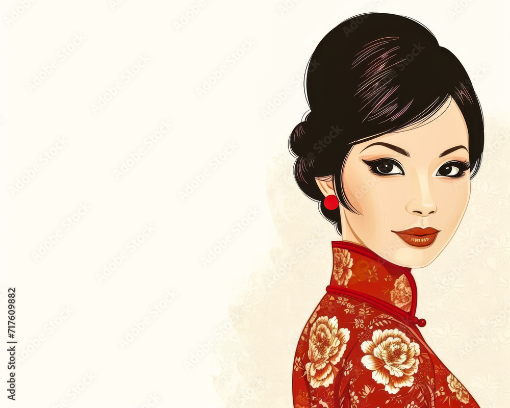 60s retro illustration of an asian woman in vibrant colors with copyspace for text 60s retro illustration of an asian woman in vibrant colors with copyspace for text