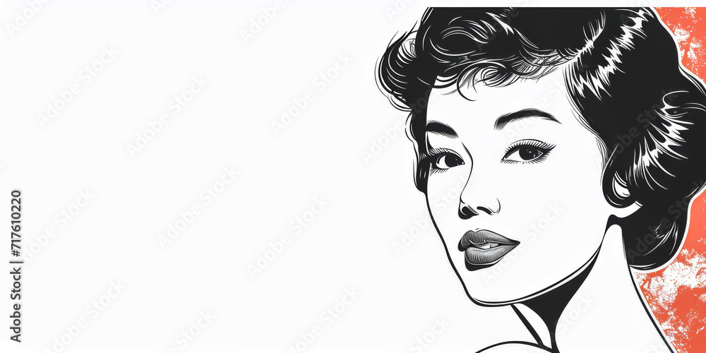 60s retro illustration of an asian woman in vibrant colors with copyspace for text