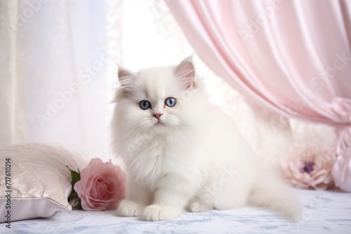 Many Cute Kittens of Various Cat Breeds on Pink Background. Includes Sacred Birmans, Chinchillas
