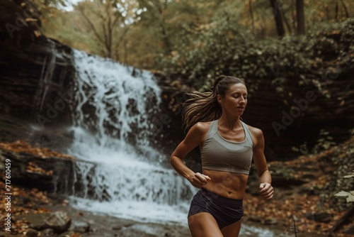 Woman jogging in park near waterfall  in the style of city portraits