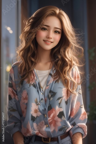 A portrait of a young, cheerful, smiling girl in a room near a window. Generation AI