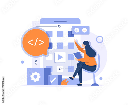 Mobile application development process flat vector illustration. Software API prototyping and testing background. Smartphone interface building process